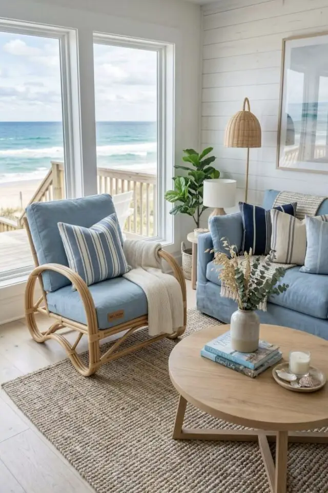 salon style bord de mer fauteuil et canapé bleu bois tapis naturel lambris blanc mur