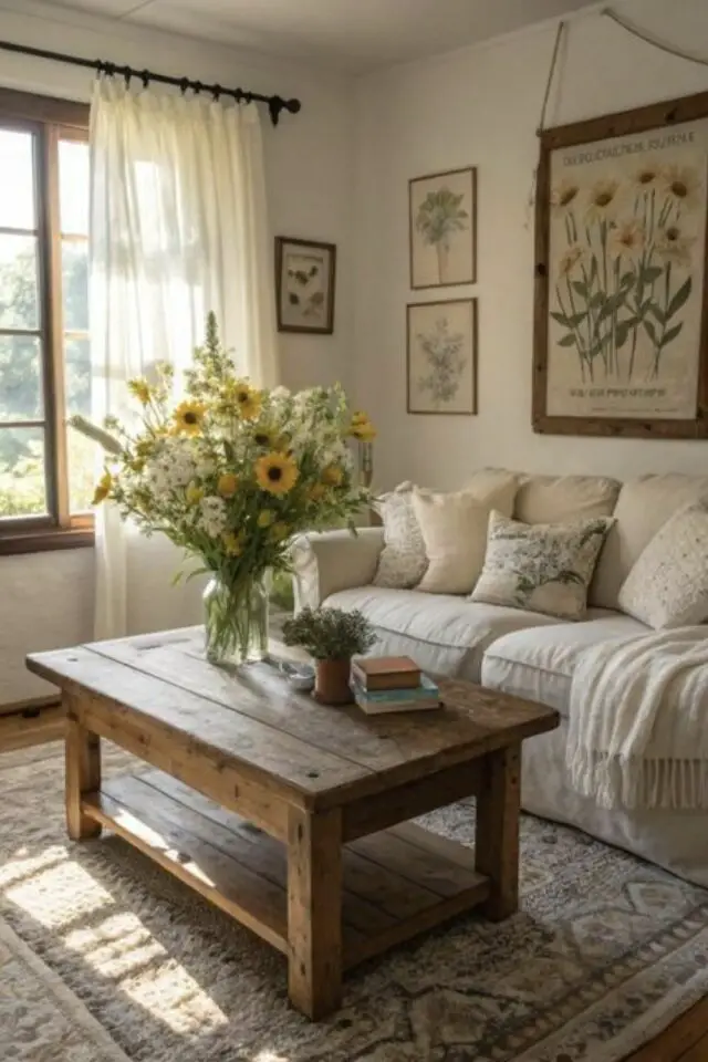 petit salon nature chic campagne rustique table basse en bois canapé beige cosy affiche murale herbier encadrée 