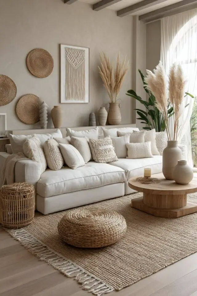 Salon séjour neutre style nature chic canapé blanc coussin texture tapis jonc de mer peinture murale beige chaleureux 