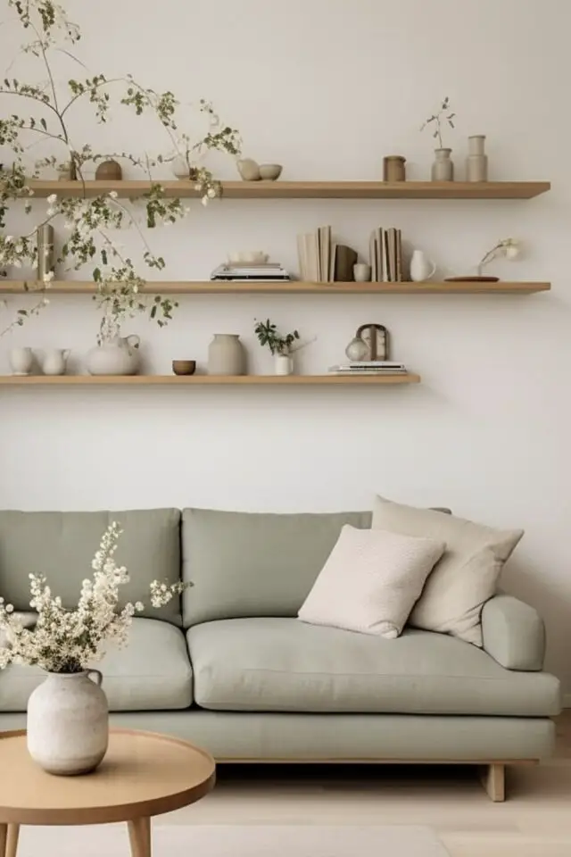 style nature chic japandi petite touche épurée canapé confortable vert étagère murale en bois simple objets décoratifs neutres 