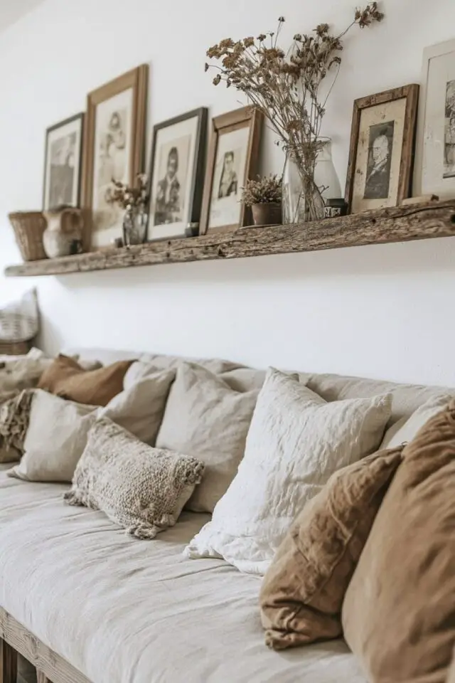 canapé cosy couleur neutre beige marron coussins en lin étagère en bois de récup cadres photos anciennes salon nature chic 