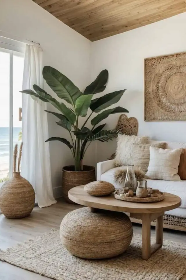 déco salon style nature chic table basse en bois tapis cache-pot pouf en fibres naturelles canapé et mur blanc 