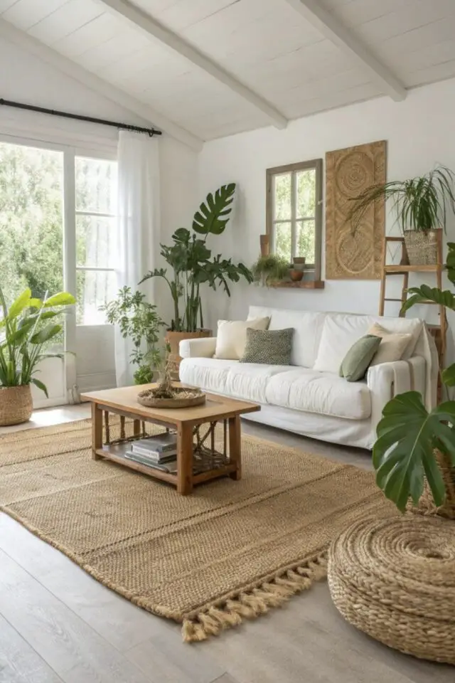 canapé blanc tapis jonc de mer table basse en bois plantes vertes tropicale baie vitrée rideau voilage ouvert vue sur le jardin style nature chic 