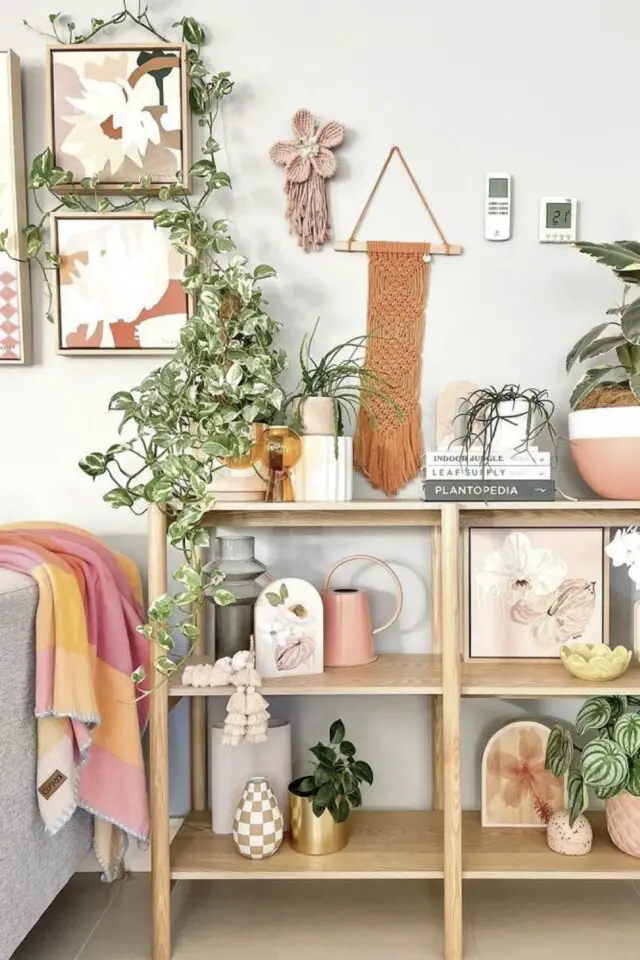 petit meuble de salon bibliothèque en bois à côté du canapé pour poser des plantes et des accessoires décoratifs 