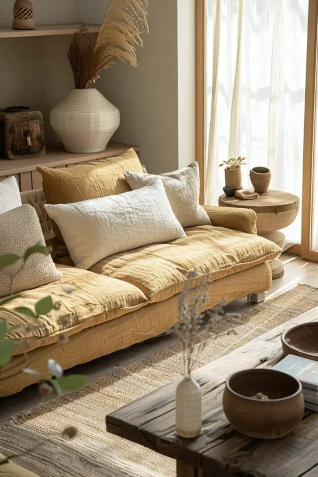 canapé jaune en lin coussin beige écru tapis jute ambiance salon nature chic esprit Japandi 