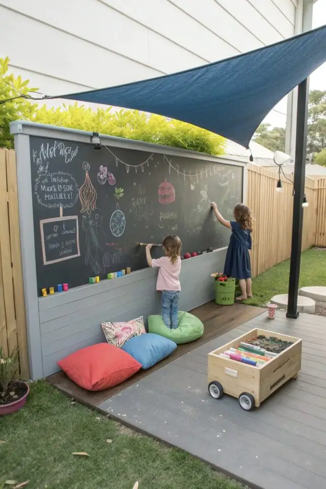 idée jardin aménagement extérieur aire de jeu grand tableau fait maison voile solaire protection 