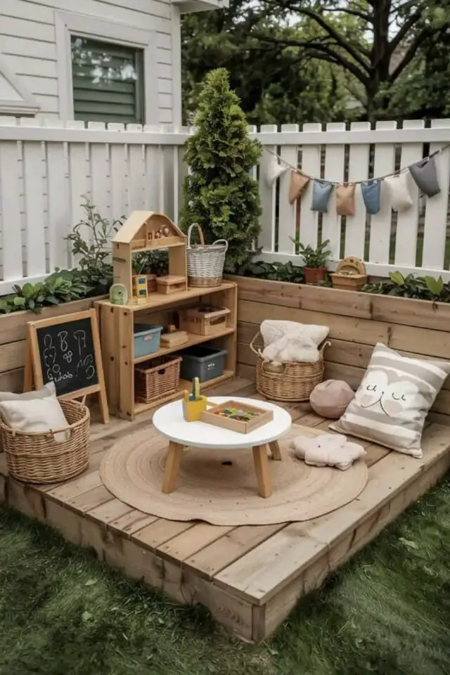 aire de jeux jardin enfant petite terrasse sur-élevée en bois avec coussin tapis et jouets 