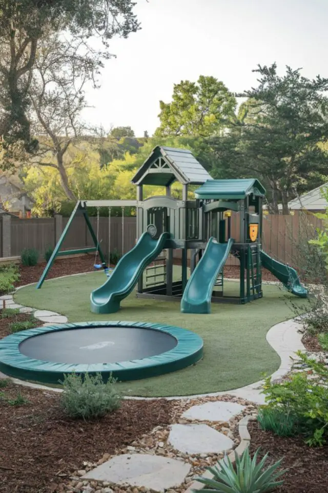 aménagement jardin jeux pour enfant structure avec toboggan balançoire et trampoline 