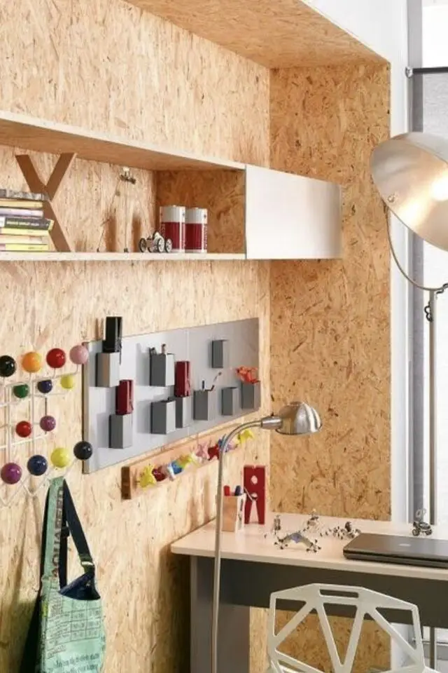 cloison OSB chambre enfant patère coloré coin bureau 