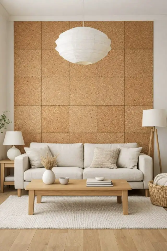 habillage mur salon panneaux carré OSB idée déco à copier ambiance chaleureuse et neutre 