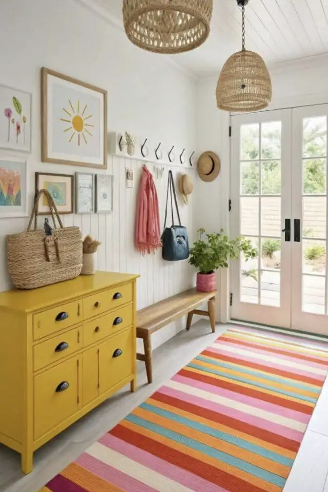 décoration hall d'entrée coloré accessoire et meuble mur blanc espace lumineux tapis multicolore 