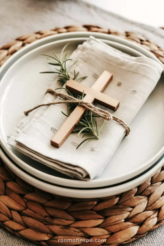 décoration table communion sobre et élégant croix en bois brande de romarin et ficelle naturelle déco serviette assiette décoration table communion sobre et élégant croix en bois brande de romarin et ficelle naturelle déco serviette assiette