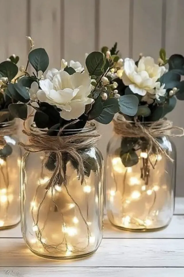 petit bouquet de fleur pour décorer la table de communion idée DIY bocaux récup guirlande led et ficelle petit bouquet de fleur pour décorer la table de communion idée DIY bocaux récup guirlande led et ficelle