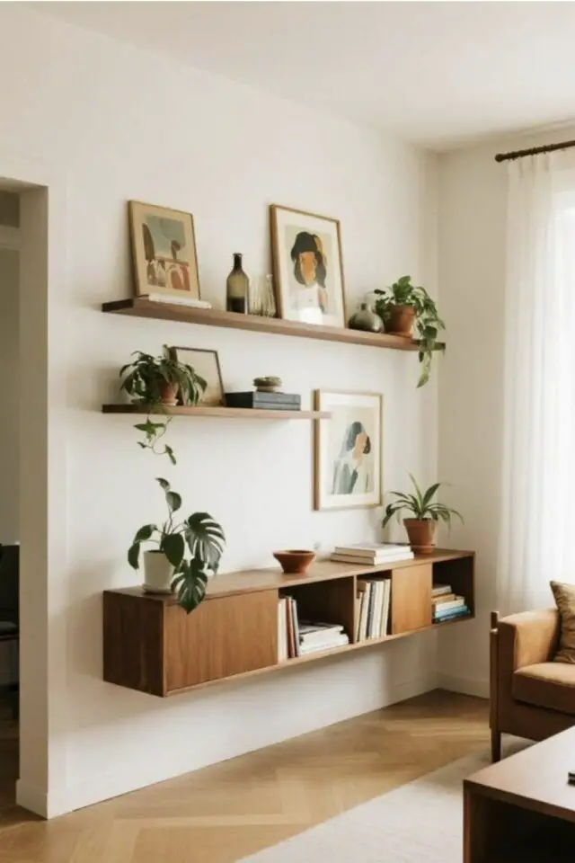 décor plus slow dans le salon déco mur minimaliste et chaleureuse étagères cadres et plantes 