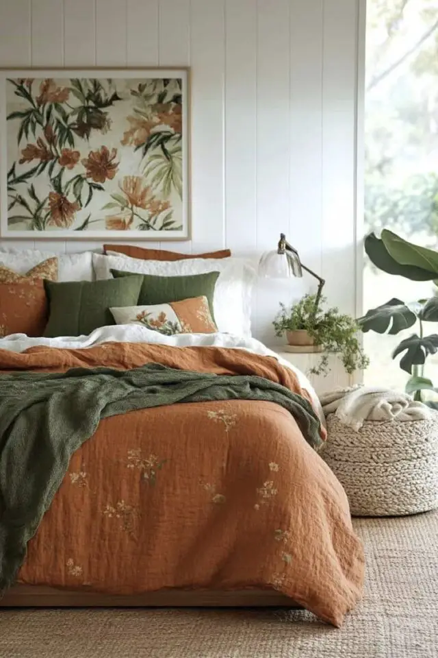 chambre adulte mur blanc linge de lit et affiche encadrée terracotta et vert ambiance earthy moderne association de couleurs chambre adulte mur blanc linge de lit et affiche encadrée terracotta et vert ambiance earthy moderne association de couleurs