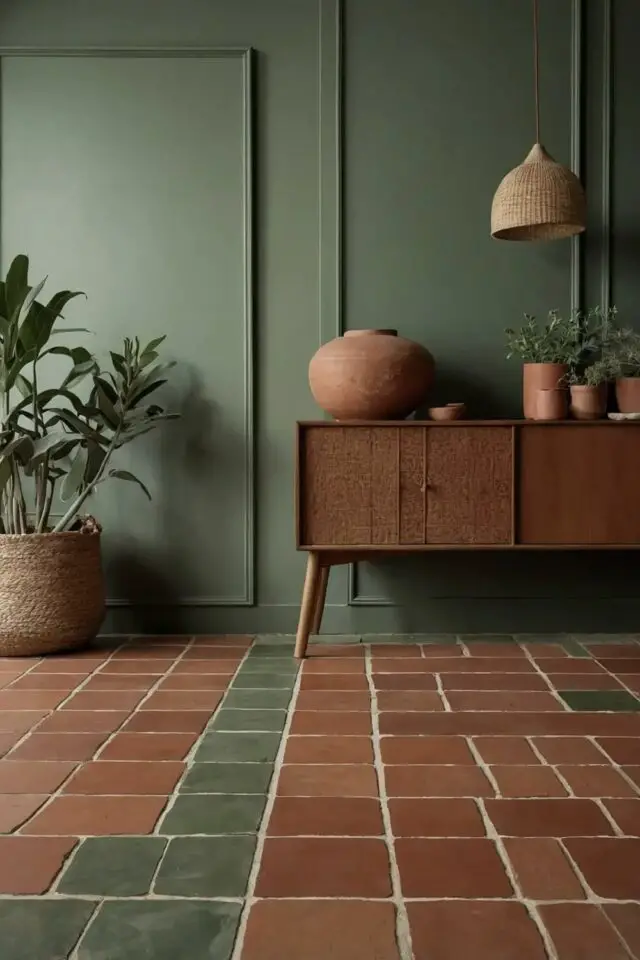carrelage au sol tomettes teracotta et vert mur moulures peinture mate kaki enfilade vintage en bois poterie artisanale carrelage au sol tomettes teracotta et vert mur moulures peinture mate kaki enfilade vintage en bois poterie artisanale