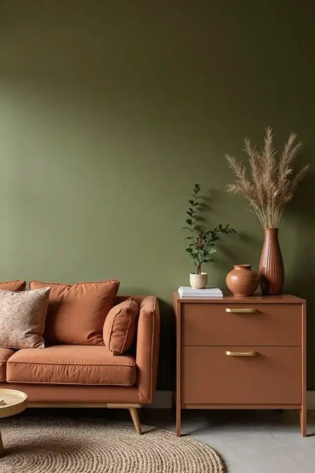 salon moderne coloré mur vert sauge canapé terracotta meuble vintage en bois ambiance épurée tapis en jonc de mer rond salon moderne coloré mur vert sauge canapé terracotta meuble vintage en bois ambiance épurée tapis en jonc de mer rond