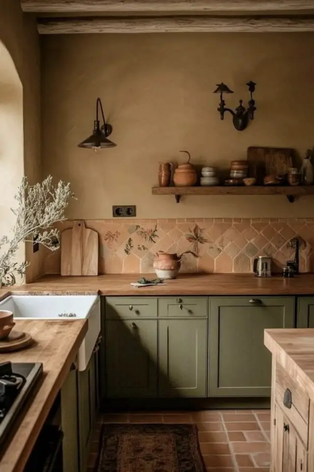cuisine rustique et chaleureuse meuble vert peint et crédence terracotta mur peinture beige plan de travail en bois cuisine rustique et chaleureuse meuble vert peint et crédence terracotta mur peinture beige plan de travail en bois
