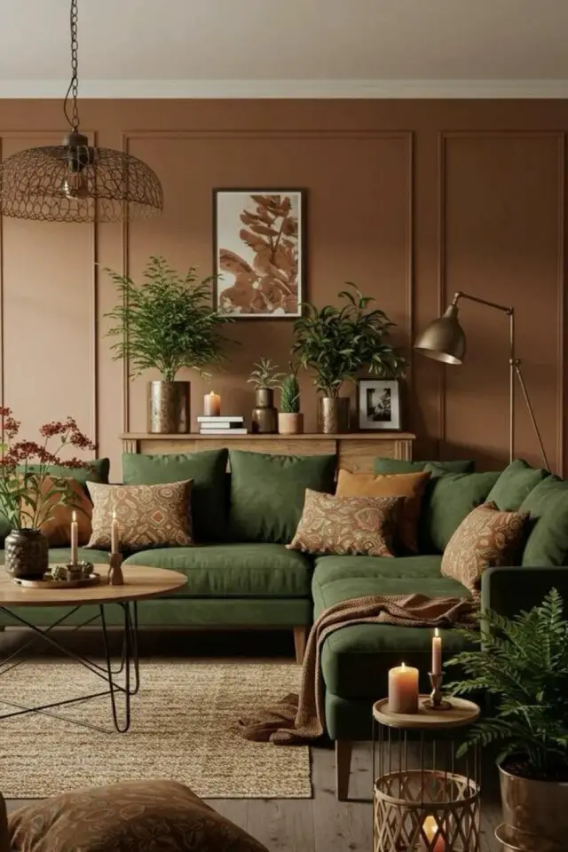 décoration salon chic chaleureux et naturel couleur mur peinture terracotta canapé d'angle vert kaki décoration salon chic chaleureux et naturel couleur mur peinture terracotta canapé d'angle vert kaki