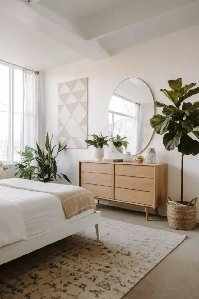 chambre adulte désencombrée commode en bois grand miroir rond 