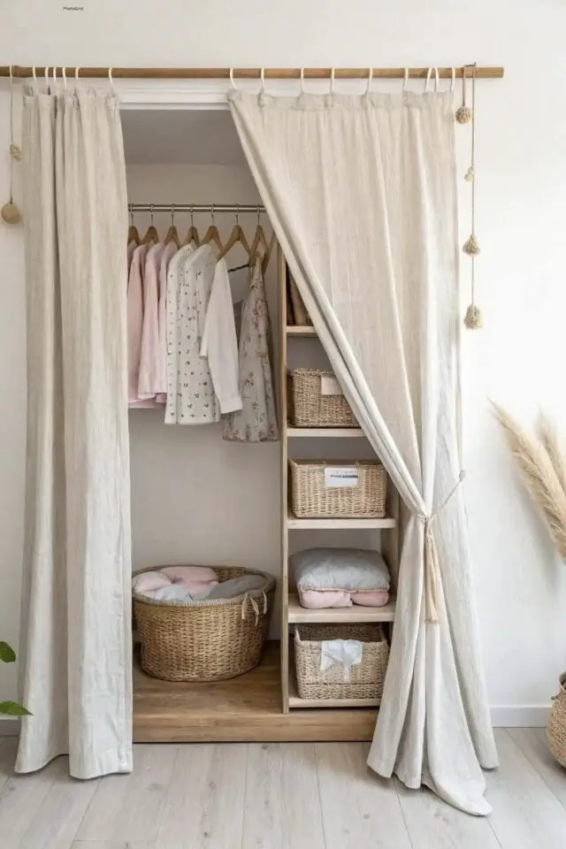 petite penderie chambre parentale fermée avec rideau couleur beige 