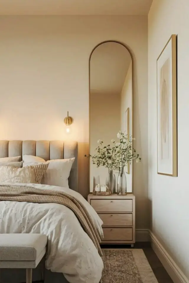 idée astuces gain de place chambre parentale miroir ovale posé sur la table de chevet 