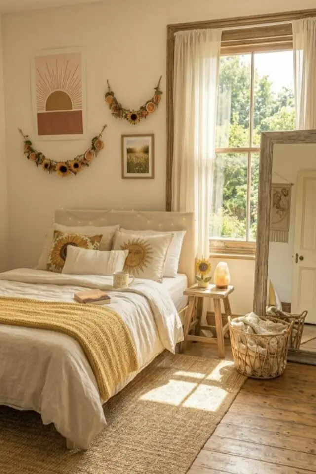 petite chambre adulte tabouret en guise de table de chevet déco murale ambiance douce 
