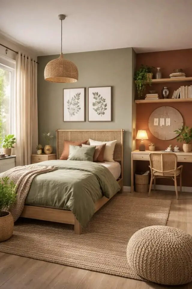 chambre adulte moderne et zen mur vert et terracotta mobilier bois renfoncement bureau gain de place 