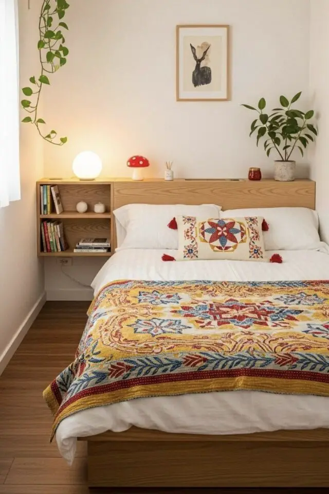gagner de la place dans une petite chambre parentale table de chevet accrochée au mur intégrée tête de lit 