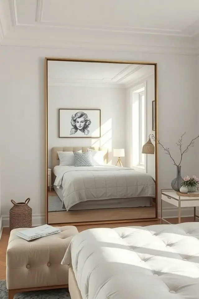 miroir rectangulaire XXL avec encadrement fin posé face au lit décoration chambre adulte miroir rectangulaire XXL avec encadrement fin posé face au lit décoration chambre adulte