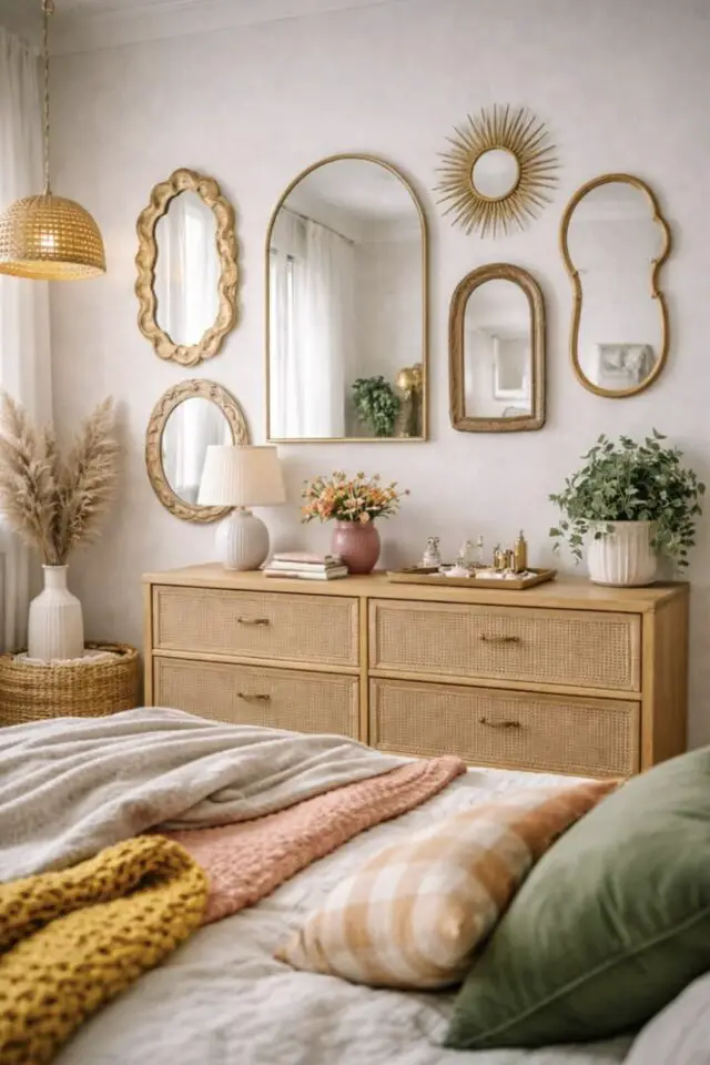 mix de miroirs muraux accrochés au dessus de la commode chambre moderne et agréable mix de miroirs muraux accrochés au dessus de la commode chambre moderne et agréable
