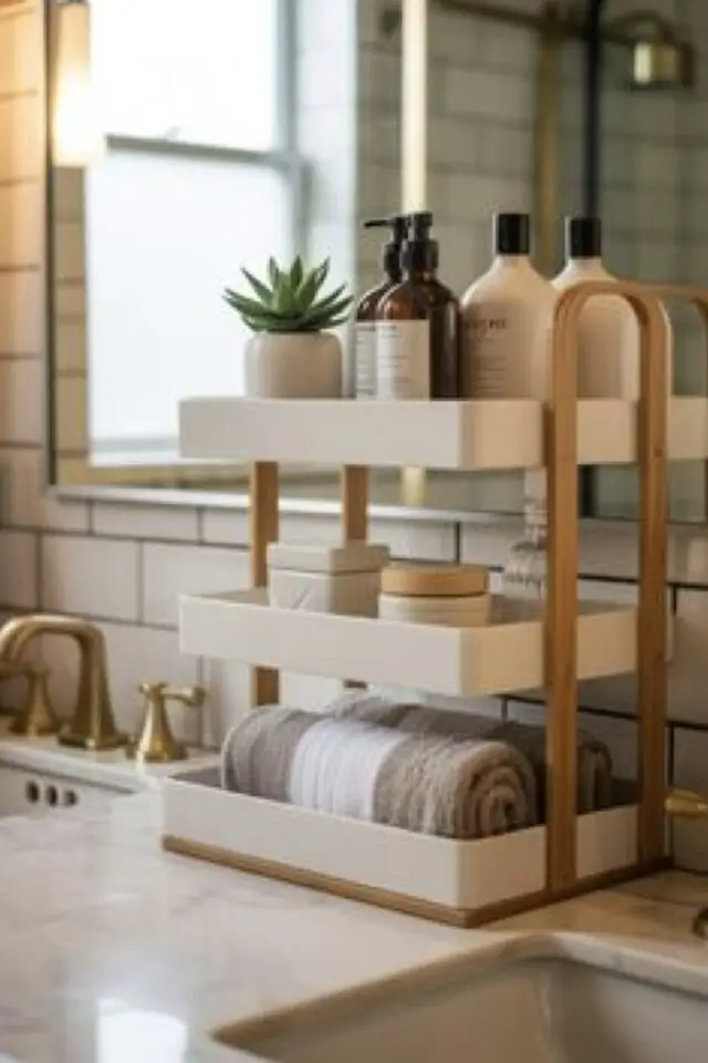 salle de bain plan vasque organisation du maquillage petit rangement plusieurs niveaux blanc et bois 