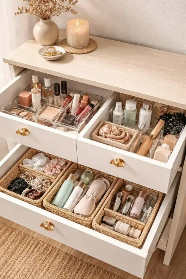 tiroir meuble de salle de bain rangement et organisation maquillage produit de beauté organisateur et paniers