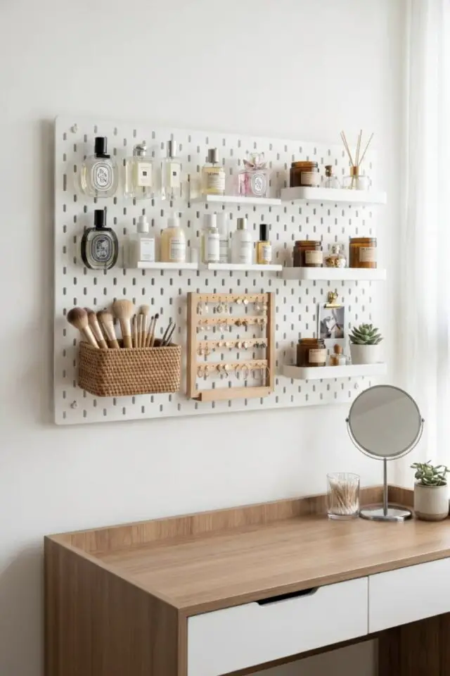 rangement chambre dessus coiffeuse pegboard mural maquillage parfum et bijoux idée gain de place pratique et moderne 
