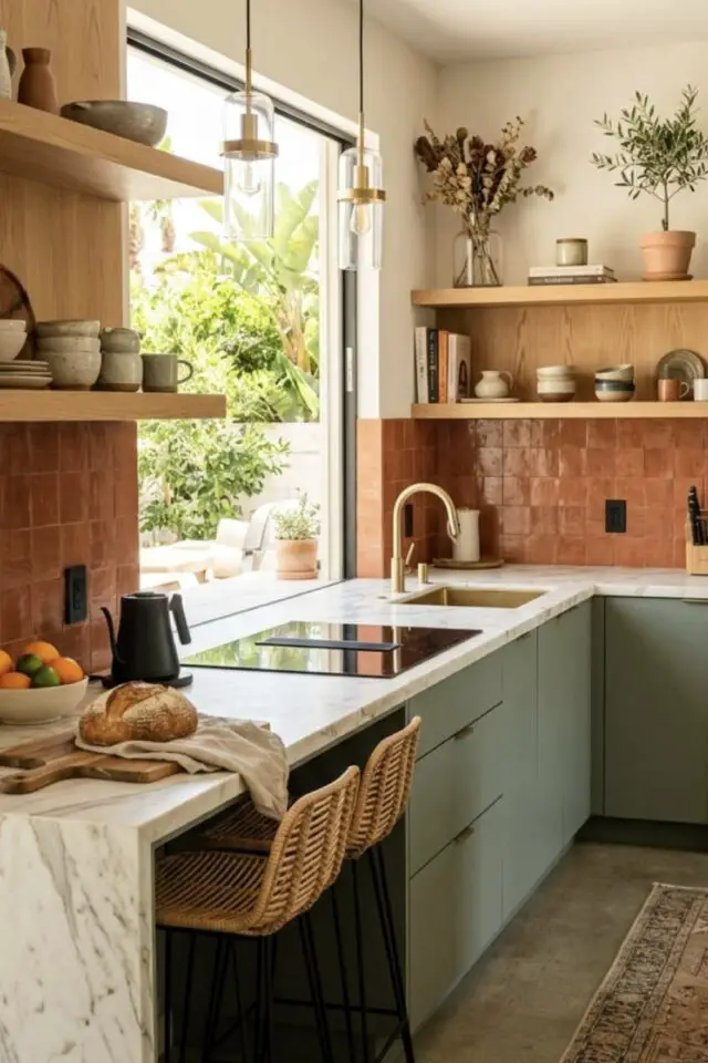 rénover et moderniser la cuisine projet maison mobilier épuré moderne et coloré crédence zellige terracotta étagères murales bois 