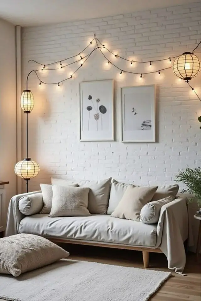 éclairage petit salon mur en briques peintes guirlande lumineuse canapé gris lampadaire 