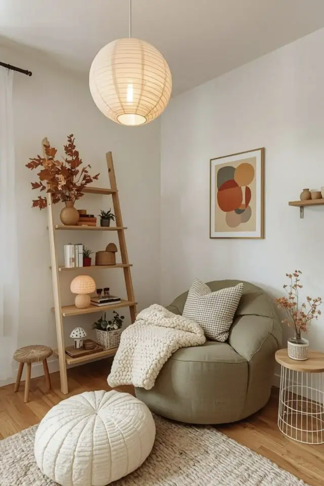 ambiance déco salon style slow living coin lecture douillet fauteuil poire pouf étagère échelle bois simple et épuré ambiance déco salon style slow living coin lecture douillet fauteuil poire pouf étagère échelle bois simple et épuré