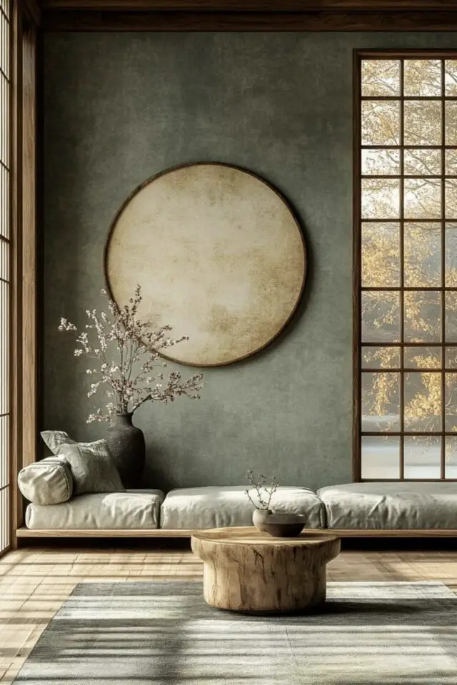 salon séjour ambiance harmonieuse zen Japon mur béton ciré fenêtre avec croisillons banquette épurée salon séjour ambiance harmonieuse zen Japon mur béton ciré fenêtre avec croisillons banquette épurée