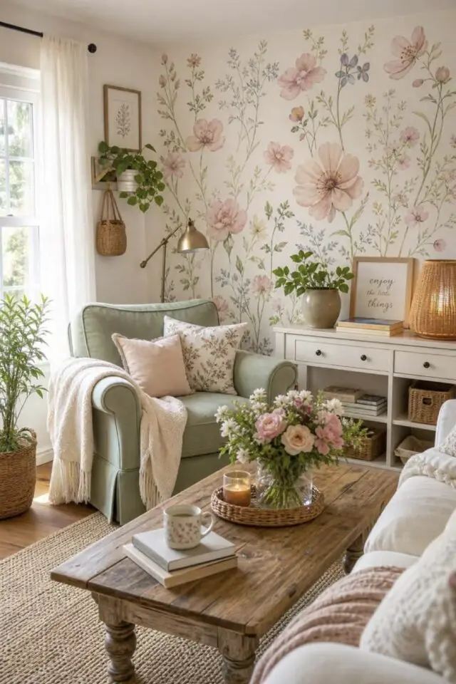 salon atmosphère ancienne rustique style campagne papier peint floral sur fond blanc meuble console fauteuil vert salon atmosphère ancienne rustique style campagne papier peint floral sur fond blanc meuble console fauteuil vert
