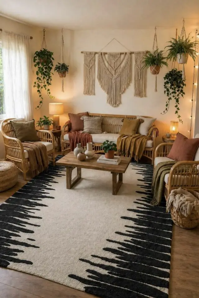 déco de salon style bohème mélange meuble vintage en rotin plantes vertes suspendues tenture en macramé déco de salon style bohème mélange meuble vintage en rotin plantes vertes suspendues tenture en macramé
