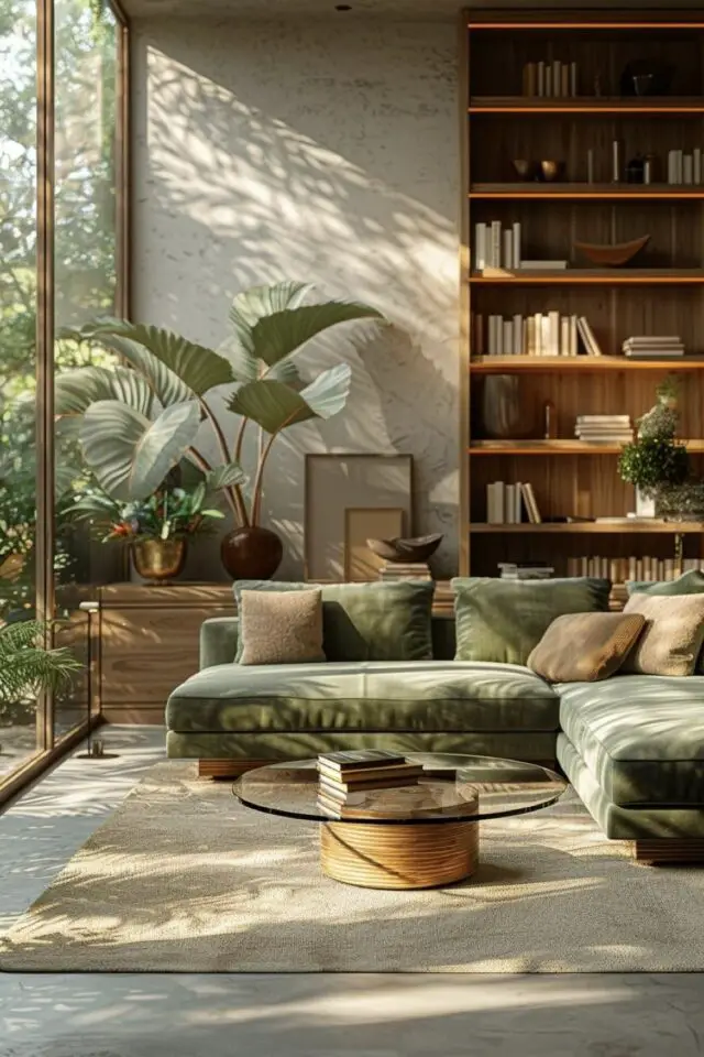 ambiance nature chic dans le salon meuble en bois bibliothèque sur mesure canapé d'angle vert plantes d'intérieur grande baie vitrée qui donne sur le jardin ambiance nature chic dans le salon meuble en bois bibliothèque sur mesure canapé d'angle vert plantes d'intérieur grande baie vitrée qui donne sur le jardin