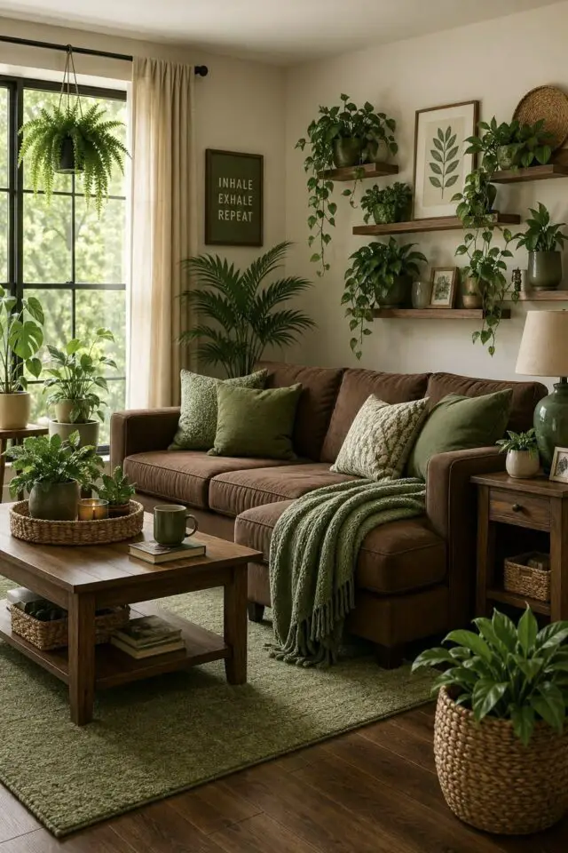style déco salon Earthy ambiance naturelle moderne et chaleureuse couleur terreuse plantes vertes canapé marron style déco salon Earthy ambiance naturelle moderne et chaleureuse couleur terreuse plantes vertes canapé marron
