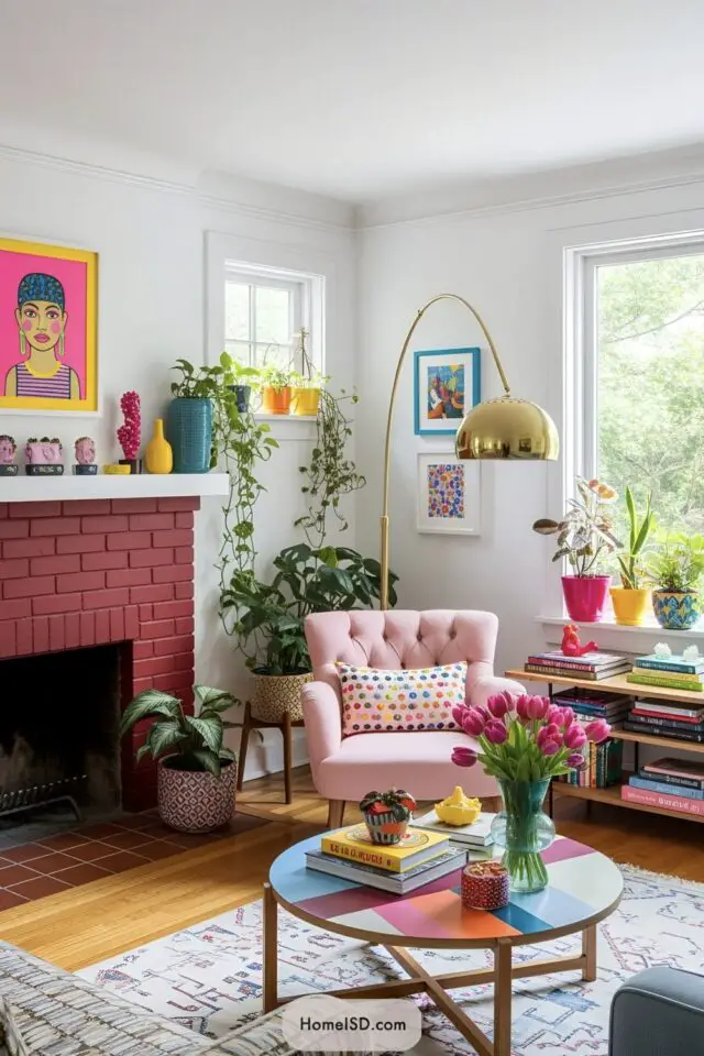 style déco tendance pour le salon dopamine déco touche de couleur vive mur blanc tableau fluo fauteuil rose pot de fleurs colorés style déco tendance pour le salon dopamine déco touche de couleur vive mur blanc tableau fluo fauteuil rose pot de fleurs colorés
