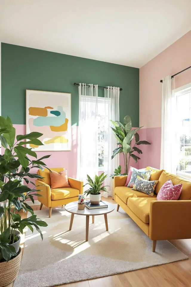 décoration de salon style coloré color bloc peinture rose vert beige canapé jaune plantes d'intérieur décoration de salon style coloré color bloc peinture rose vert beige canapé jaune plantes d'intérieur