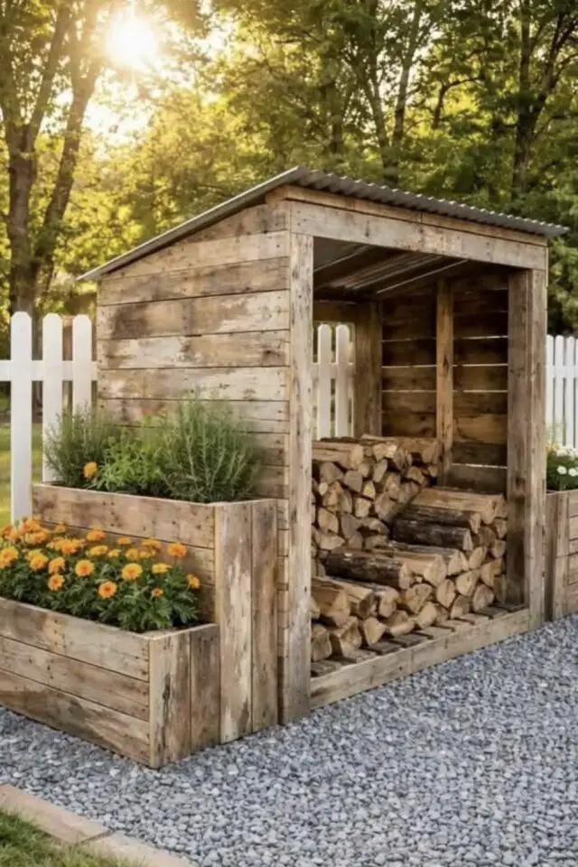 abri à bois pour le jardin bois de palette et toiture en tôle ondulée jardinière de fleurs sur-élevées sur les côtés 