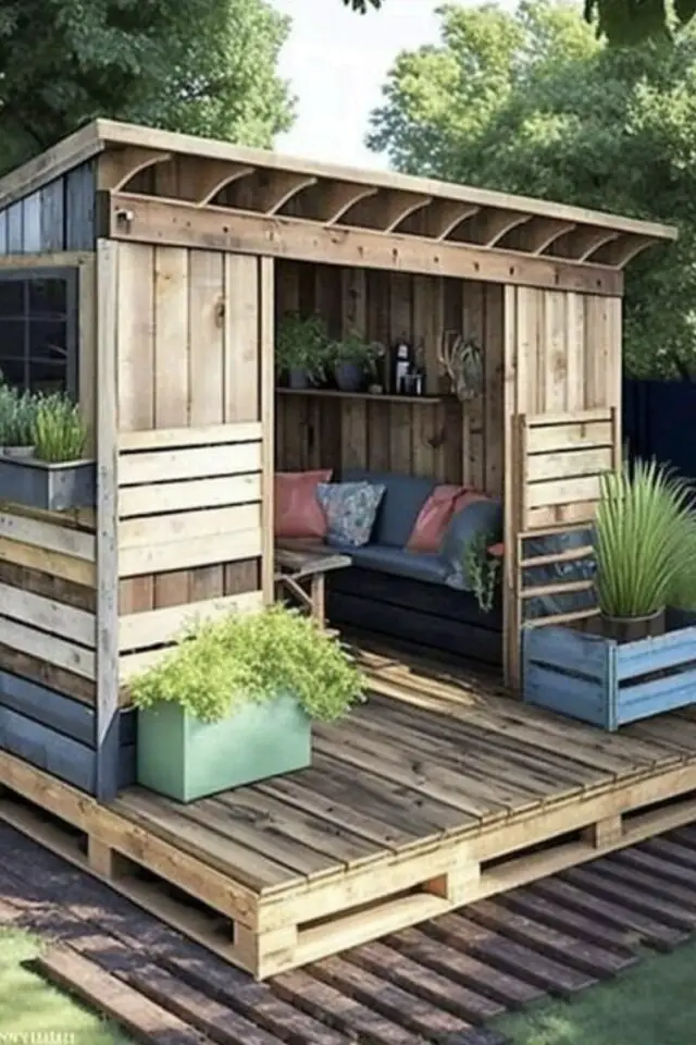 abri chalet de jardin en palette sur-élevé idée aménagement extérieur 