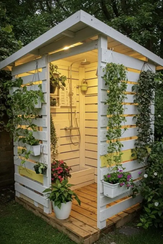 aménagement jardin bricolage palette abri à construire douche extérieure peinture blanche plantes suspendues 