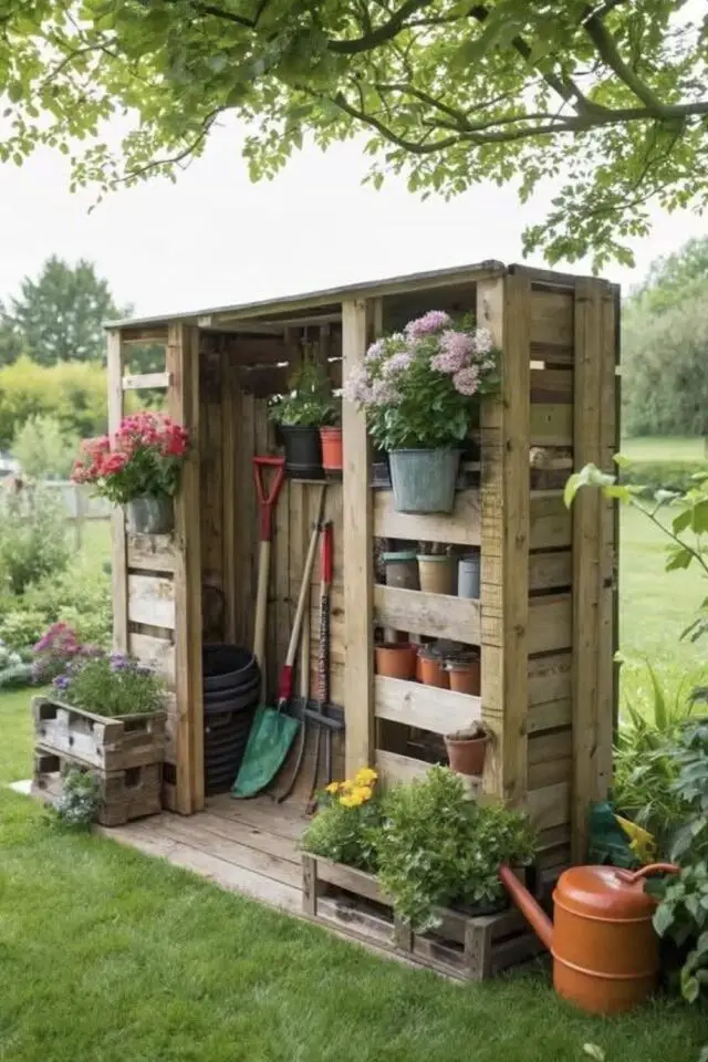rangement outil de jardin à construire soi même avec du bois de palette aménagement DIY extérieur 