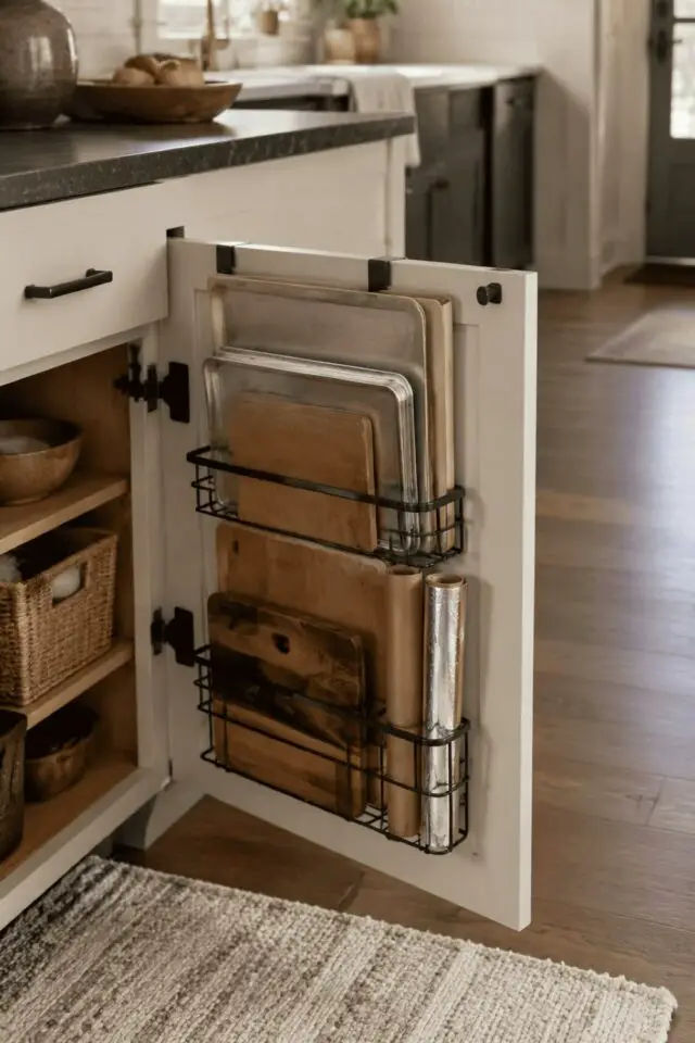 astuce rangement malin placard de cuisine sans percer meuble panier à suspendre à la porte pour les couvercle et plats de cuisson astuce rangement malin placard de cuisine sans percer meuble panier à suspendre à la porte pour les couvercle et plats de cuisson
