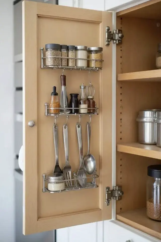 petit aménagement pas cher pour organiser la cuisine porte de placard étagère à épice et crochets pour suspendre ustensiles petit aménagement pas cher pour organiser la cuisine porte de placard étagère à épice et crochets pour suspendre ustensiles